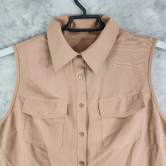 Women's Brown Shirt Top Button-Up Sleeveless 100% Polyester Pockets Size XL - Picture 3 of 10